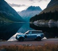 A dark blue car with a beautiful livery standing on the shore