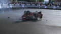 Car jumps into air, dangerous stunt, explosion sound. Part1of2
