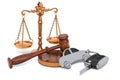 Car kay with wooden gavel and scales of justice. 3D rendering