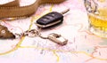 Car key with accident and beer mug on map Royalty Free Stock Photo