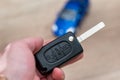 Car key and blue car toy on wooden desk Royalty Free Stock Photo