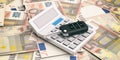 Car key and calculator on euros banknotes background. 3d illustration
