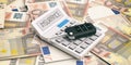 Car key and calculator on euros banknotes background. 3d illustration