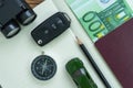 Car key, compass, pencil with passport, euro banknote on paper n Royalty Free Stock Photo