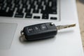 Car key on the computer keyboard, close up Royalty Free Stock Photo