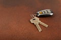 Car key with key fob on a colored background.