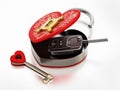 Car key inside open red heart shaped box. 3D illustration Royalty Free Stock Photo