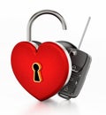 Car key inside open red heart shaped box. 3D illustration Royalty Free Stock Photo