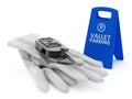 Car key, vallet parking board and white gloves. 3D illustration