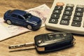 Car keys, banknotes, car model, and calculator as the concept of buying or renting a car Royalty Free Stock Photo