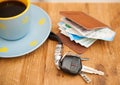 Car keys, coffee Cup and wallet. Royalty Free Stock Photo