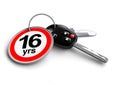 Car keys with legal USA driving age on keyring.