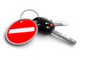 Car keys with no entry road sign on keyring.
