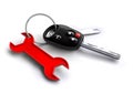 Car keys with spanner icon keyring. Concept for vehicle maintenance and servicing plan.