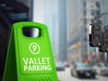 Car keys and vallet parking board on big city background. 3D illustration