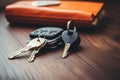 car keys and wallet on the wooden table. copy space. AI Generated Royalty Free Stock Photo