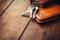 car keys and wallet on the wooden table. copy space. AI Generated Royalty Free Stock Photo