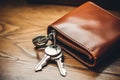 car keys and wallet on the wooden table. copy space. AI Generated Royalty Free Stock Photo