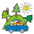 Car with children, landscape with forest, bird and sun, humorous vector illustration