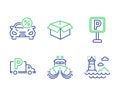 Car leasing, Truck parking and Opened box icons set. Ship, Parking and Lighthouse signs. Vector