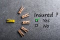 Car, life insurance, home, travel and healt insurance. Insure concept. Survey with question Insured, Yes or no.