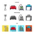 Car on lift, piston and pump cartoon,flat,monochrome icons in set collection for design.Car maintenance station vector Royalty Free Stock Photo