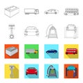 Car on lift, piston and pump outline,flat icons in set collection for design.Car maintenance station vector symbol stock Royalty Free Stock Photo