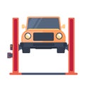 Car on lift platform. Repair service. Garage equipment. Vector illustration.