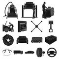 Car, lift, pump and other equipment black icons in set