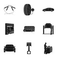 Car, lift, pump and other equipment black icons in set collection for design. Car maintenance station vector symbol Royalty Free Stock Photo