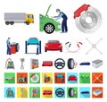 Car, lift, pump and other equipment cartoon,flat icons in set collection for design. Car maintenance station vector Royalty Free Stock Photo