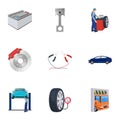 Car, lift, pump and other equipment cartoon icons in set collection for design. Car maintenance station vector symbol Royalty Free Stock Photo