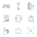 Car, lift, pump and other equipment outline icons in set collection for design. Car maintenance station vector symbol