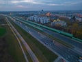 Car light trails in the city intersection, Traffic. Video. Top Down Aerial Drone view of a road at night with cars driving, Royalty Free Stock Photo