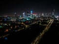 Car light trails in the city intersection, Traffic. Video. Top Down Aerial Drone view of a road at night with cars driving, Royalty Free Stock Photo