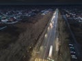 The car light trails in the city street Traffic. Top Down Aerial Drone view of a road at night Royalty Free Stock Photo