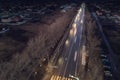 The car light trails in the city street Traffic. Top Down Aerial Drone view of a road at night i Royalty Free Stock Photo