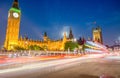 Car light trails under Westminster Palace, London Royalty Free Stock Photo