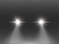 Car lights effect on dark transparent background. Realistic headlights concept. Automobile white flares isolated. Bright