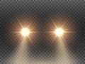 Car lights effect on transparent backdrop. Isolated yellow headlights. Realistic automobile flares. Bright car beams Royalty Free Stock Photo