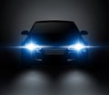 Car lights realistic front silhouette view. Automobile vector car headlights in darkness