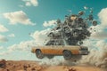 A car is loaded with an abundance of cars stacked on top of it, A magical realism-inspired mechanic conjuring auto parts from thin