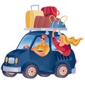 A car loaded with a large number of luggage from bags and suitcases, a man and a woman are sitting in the car and are