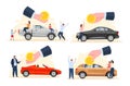 Car loan buying happy tiny people with payment golden coin hand set vector flat illustration