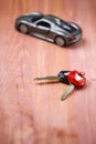 Car Loans, Credit Concepts. Scale Car Along With bunch of Keys Against Vintage Wooden Background
