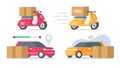 Car local delivery service icon vector set, motor scooter bike courier free fast shipping flat cartoon graphic illustration, auto