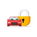 Car lock vector illustration, flat cartoon automobile and closed padlock icon, concept of auto protection, security Royalty Free Stock Photo