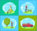 Car Lorry and People on Land Vector Illustration