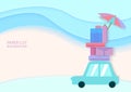 Car with a lot of baggage in paper cut style in pastel colour. Travel. Road trip. Vector illustration design