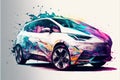 a car with a lot of paint splatters on it\'s hood and hood, and a white background with a blue, pink, Royalty Free Stock Photo